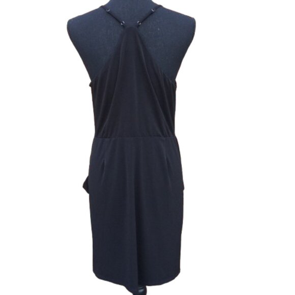 BCBG Party Cocktail Dress Large Black Draped Front Pockets Flirty LBD - Picture 2 of 11